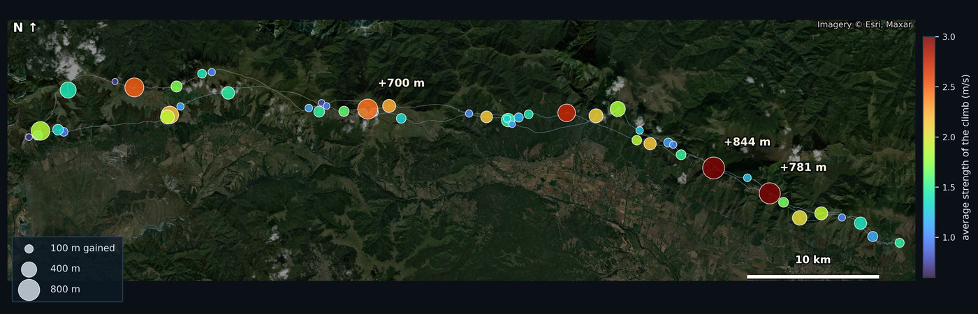 A cross-country flight drawn over satellite imagery. Each circle is a climb the pilot found, sized by the height gained in it and coloured by its average strength; warm colours mark the air that was lifting, cool the air they paid to cross.