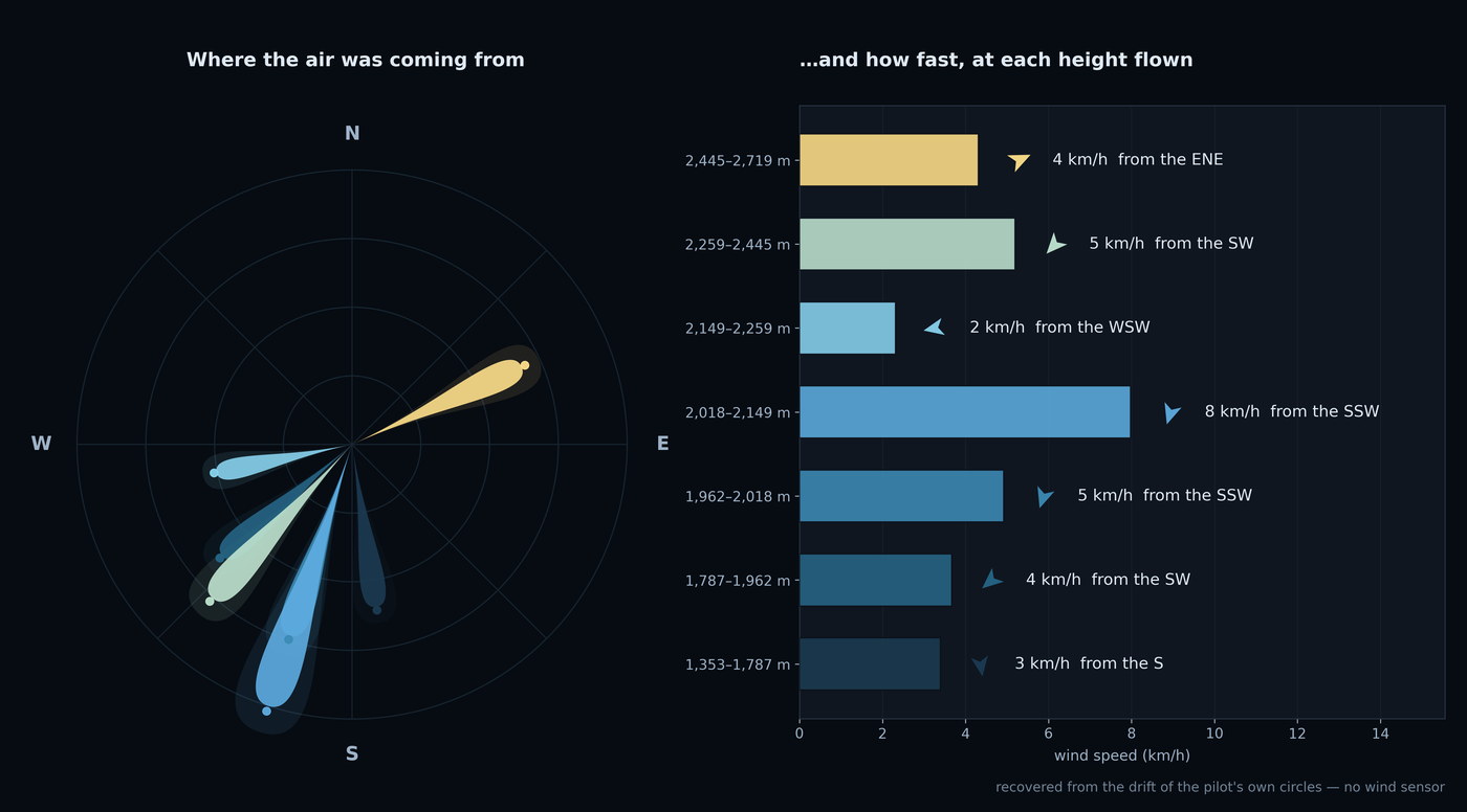 Left, a compass rose: one petal for each of seven altitude bands, pointing at the direction the wind came from, its length the wind's strength. Right, the same seven bands as a bar chart from 1,353 m up to 2,719 m, each labelled with its wind speed — 2 to 8 km per hour — and the compass point it blew from.