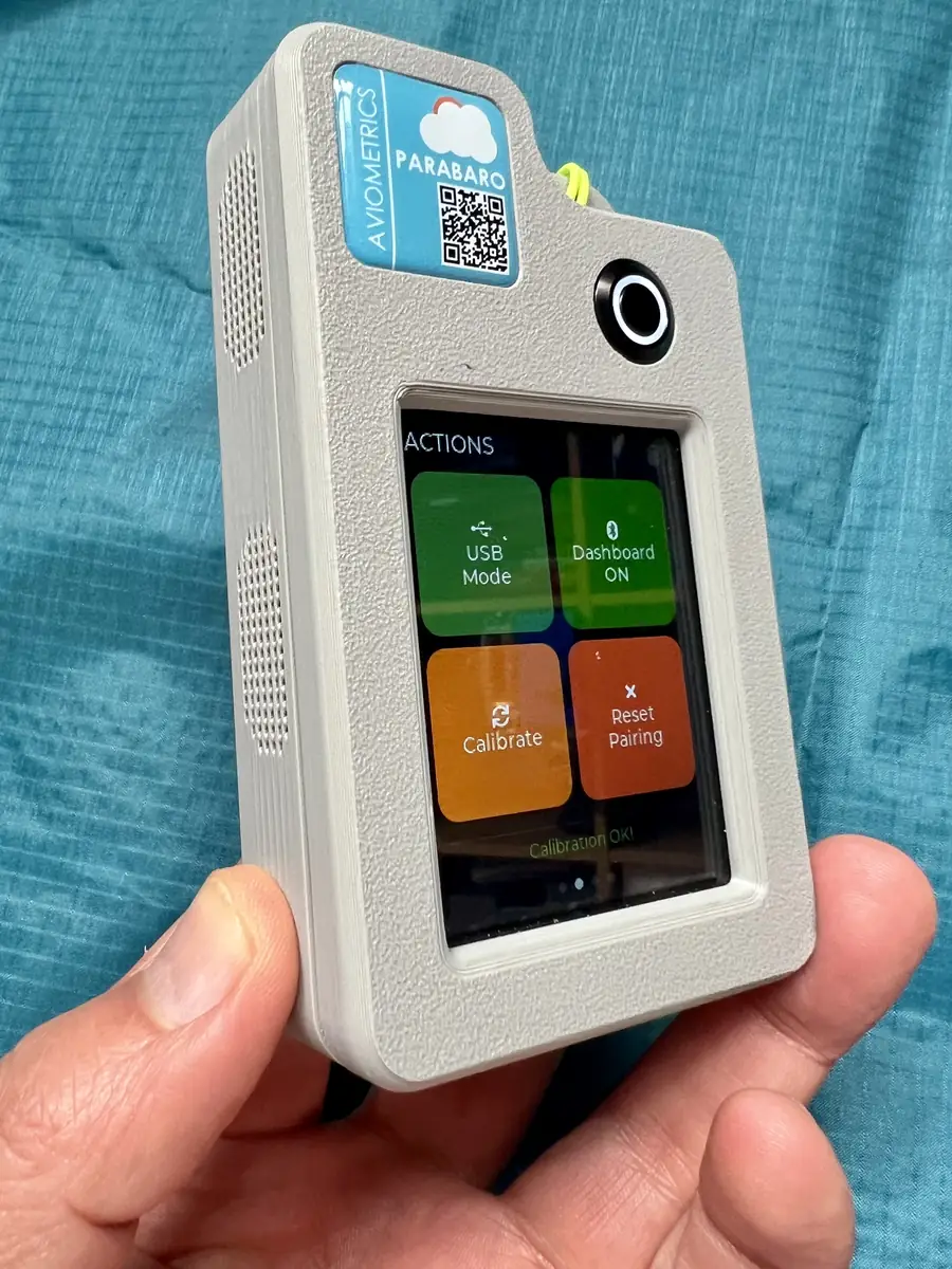 ParaBaro receiver in hand showing the ACTIONS screen