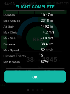 ParaBaro flight complete summary screen