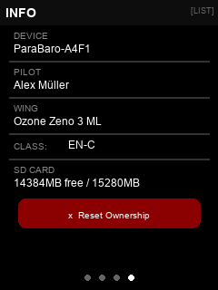 ParaBaro Info screen — device, pilot, wing details